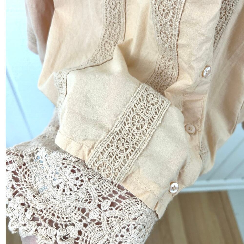 LOGO by Lori Goldstein Peach Cotton Lace Trim Button Front Boho Tunic Top M - Picture 3 of 7